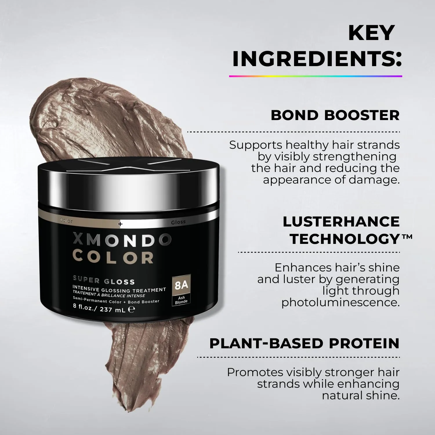 XMONDO Color Ash Blonde Color Depositing Mask & Semi-Permanent Hair Dye Super Gloss Infused with Bond Boosters for Nourishment, Revitalize & Repair, Vegan Formula, 8 Fl Oz