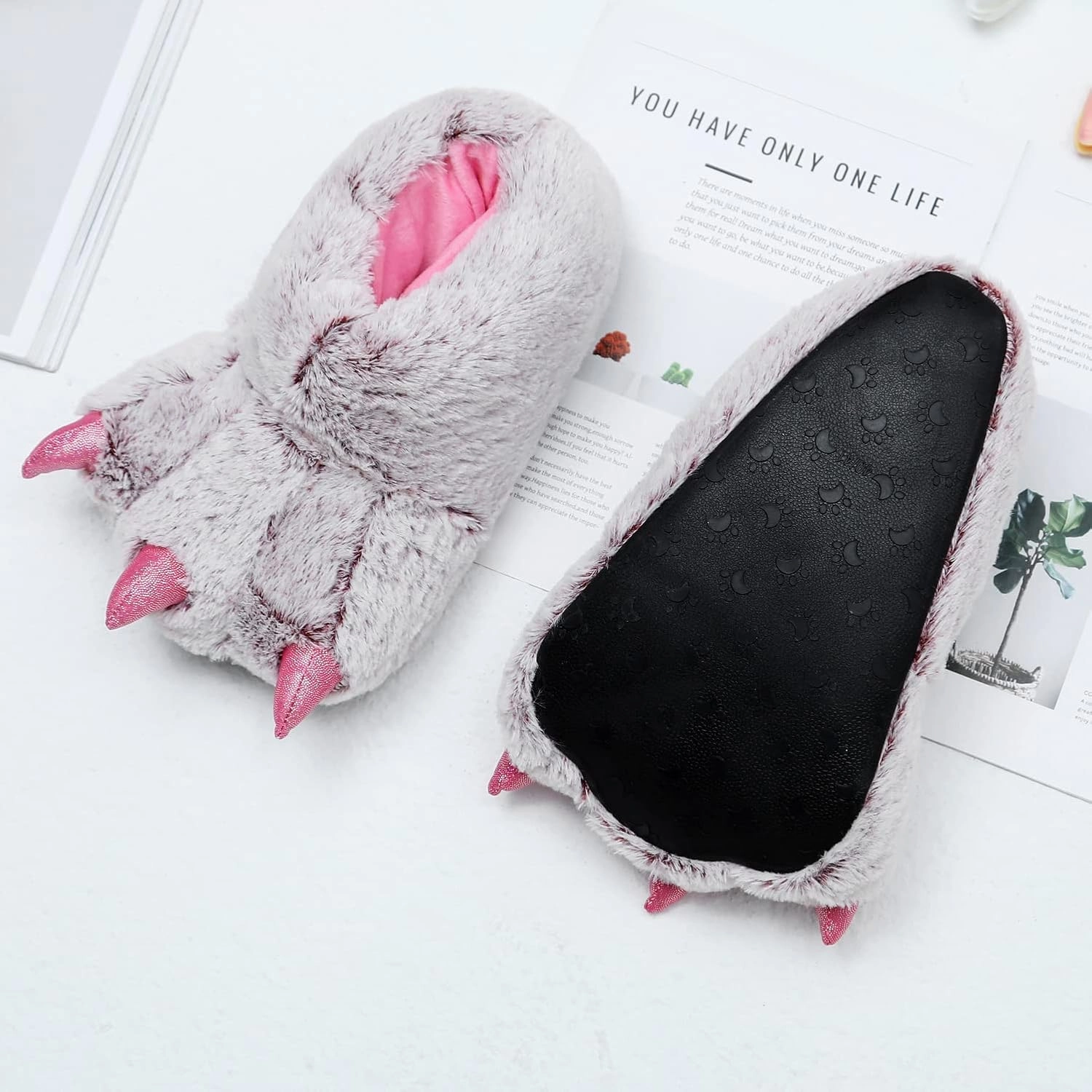 YESBOR Women's Plush Monster Feet House Slippers Halloween Furry Animal Costume Paw Claw Shoes