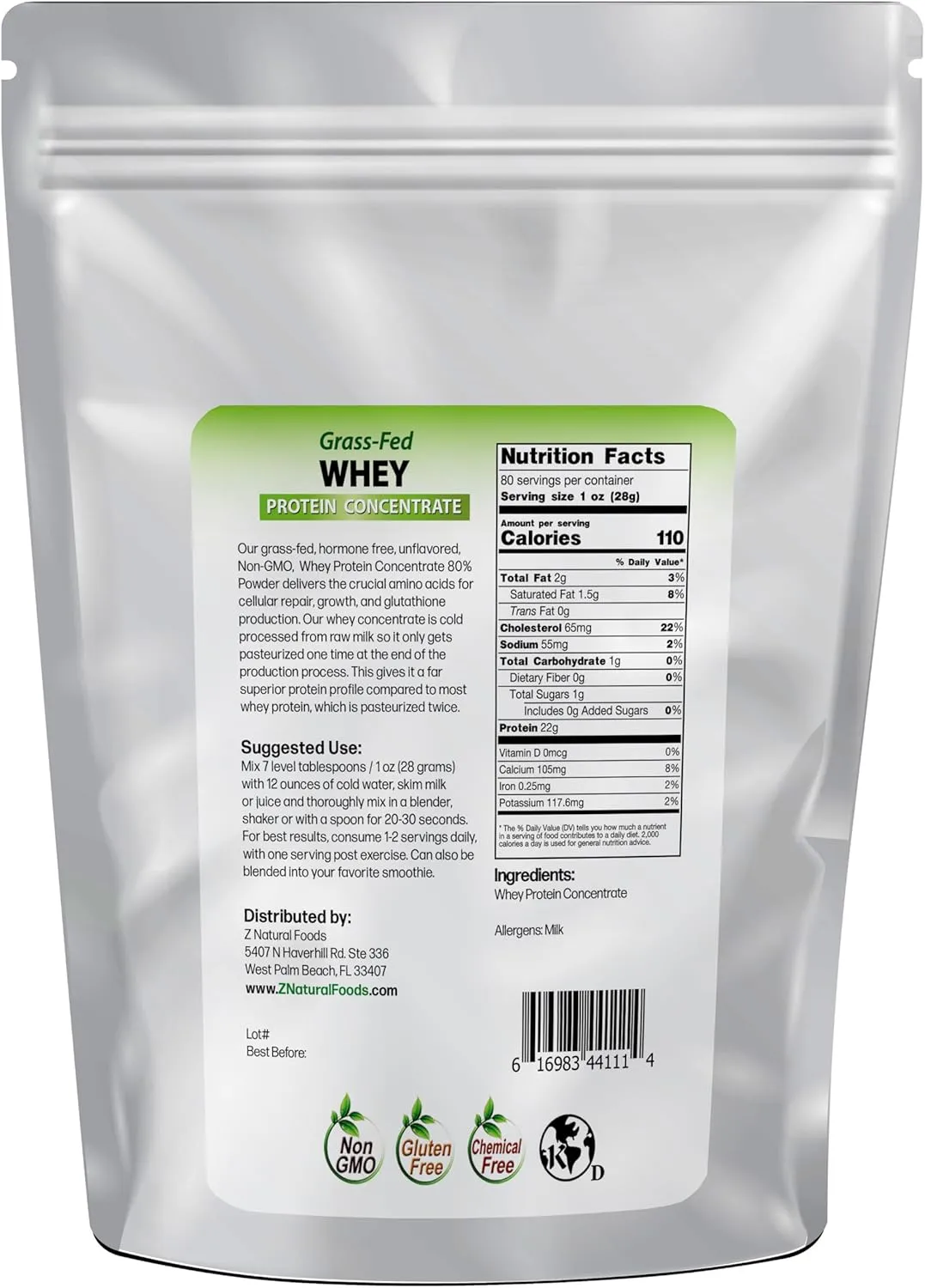 Z Natural Foods Grass-Fed Whey Protein Concentrate - Clean Whey Protein Powder from New Zealand - Cold Processed Pure Whey Protein with Essential Amino Acids for Nutrition & Fitness, Unflavored, 5 lbs