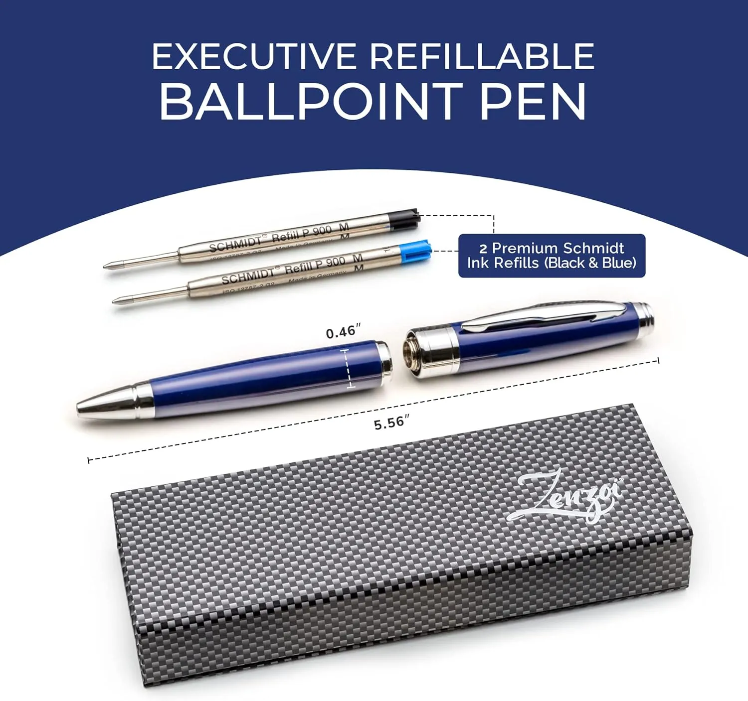 ZenZoi Blue Ballpoint Pen Set - Elegant Executive Pen for Men, Women. High End Pen Gift Box W/Luxury Pen & Premium Gel Ball Point Ink Refills. Great Smooth Writing Pen For Office Or Home