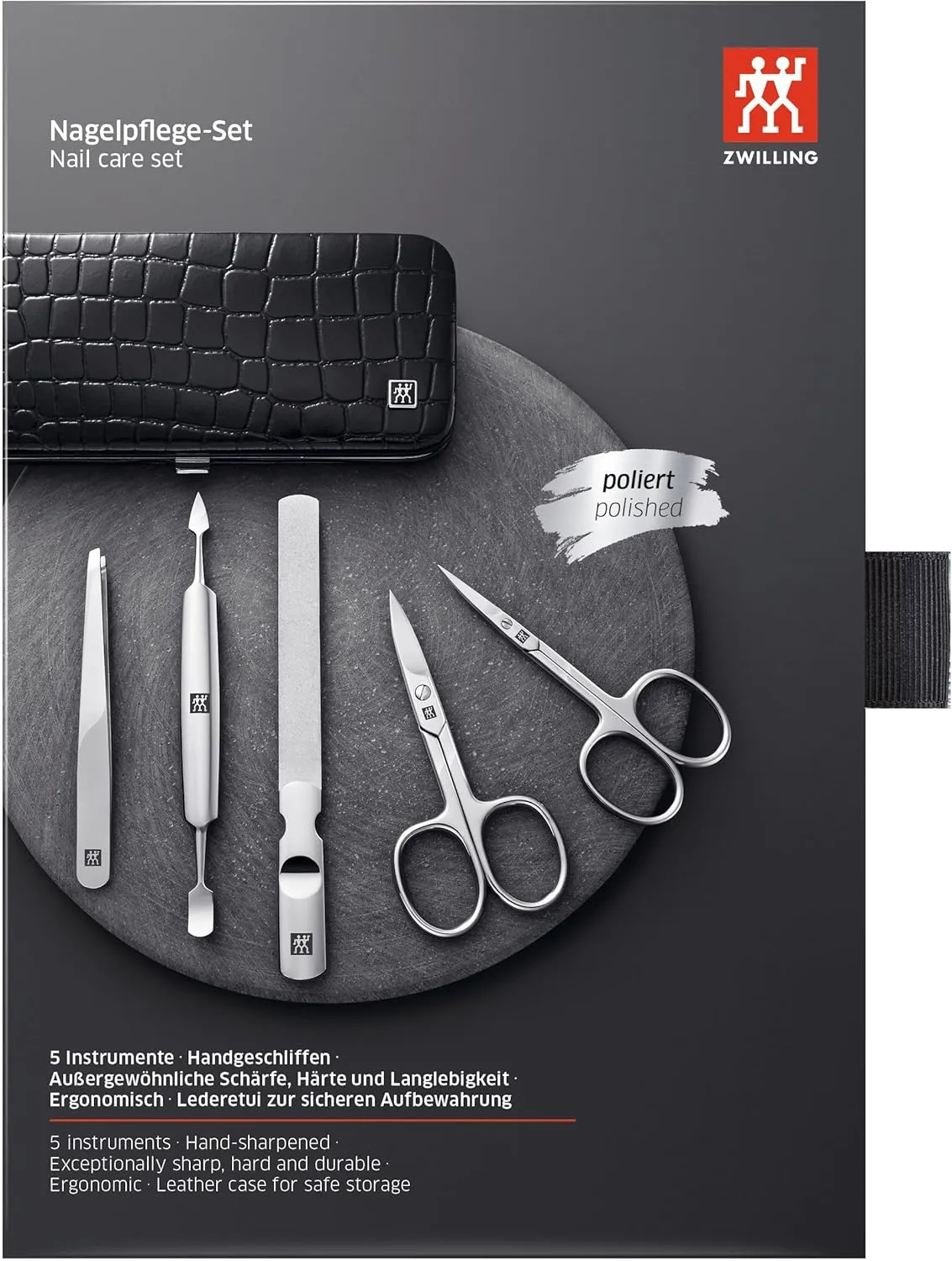 ZWILLING Beauty TWINOX Manicure and Pedicure Crocodile Pattern Cowhide Leather Case with Zip Closure, Nail Care Kit, 6-Piece, Premium Travel Nail Kit, Matte, Black