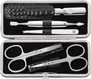 ZWILLING Beauty TWINOX Manicure and Pedicure Crocodile Pattern Cowhide Leather Case with Zip Closure, Nail Care Kit, 6-Piece, Premium Travel Nail Kit, Matte, Black